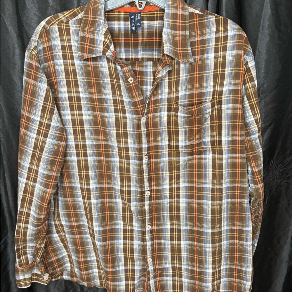 Eddie Bauer Men’s XL Plaid Button Front Shirt Brown Orange Long Sleeve Casual